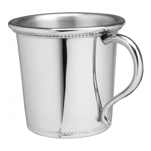 Mississippi Baby Cup 5 Oz 2 3/4\ Height x 3 3/4\ Width (including handle)
Pewter

Care:  Wash your pewter in warm water, using mild soap and a soft cloth. Dry with a soft cloth. Your pewter should never be exposed to an open flame or excessive heat. Store your pewter trays flat, cups upright, etc. to prevent warping. Do not wrap pewter in anything other than the original wrapping to prevent scratching. Never wrap pewter in tissue paper, as fine line scratching will occur. Never put pewter in a dishwasher. Hand wash only.